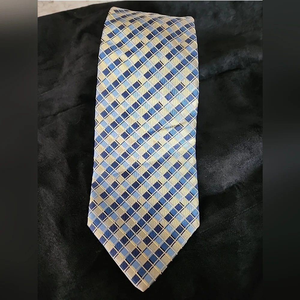Bettini Silk Gold Navy Blue Diamond Check Print Mens Tie Necktie Italy